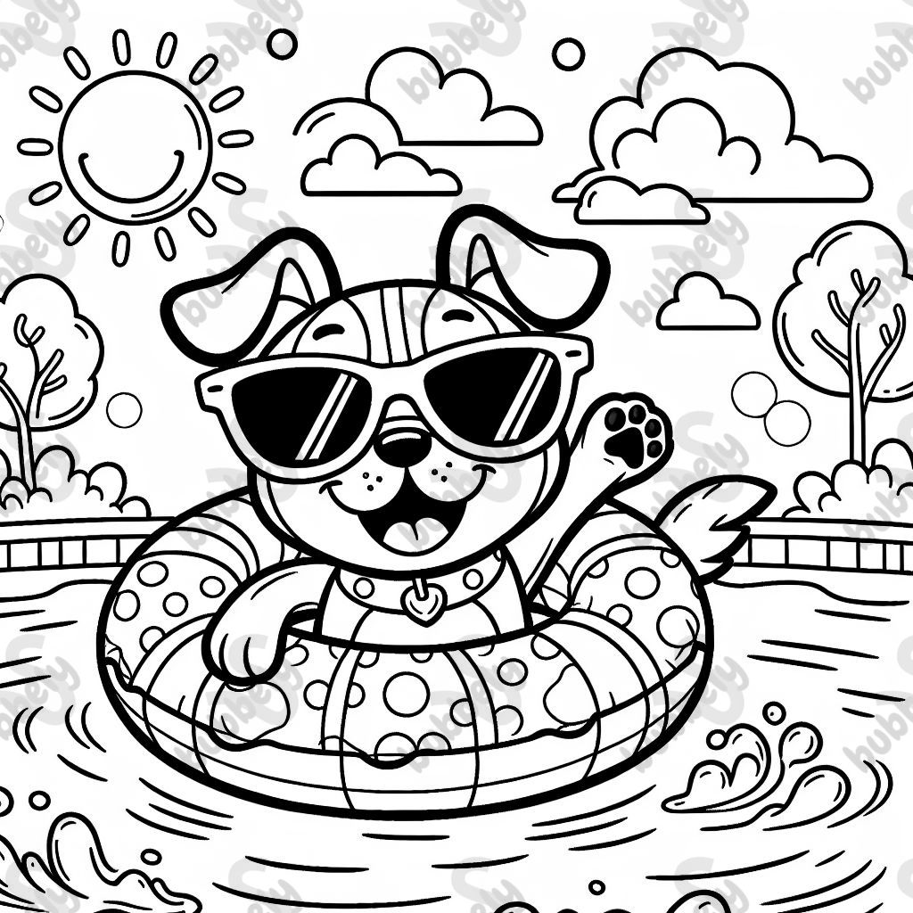 dog on a floatie in a pool with sunglasses