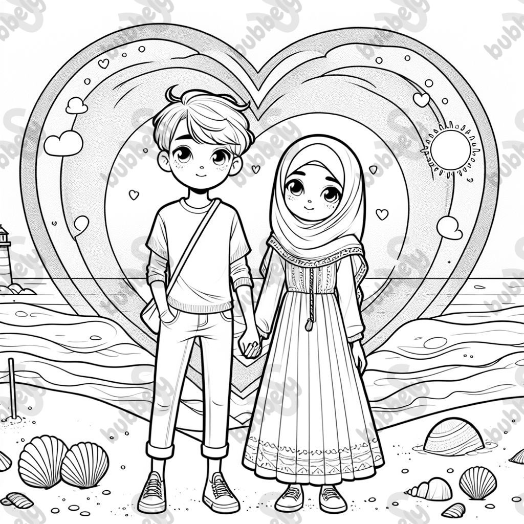 Relistic art with heart around two teenagers at the beach   Holding hands