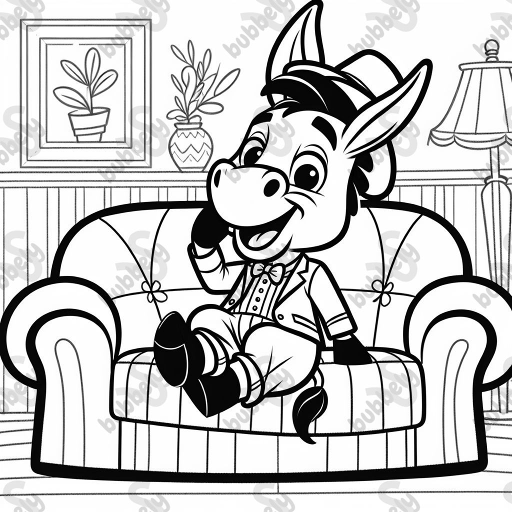 Donkey wearing a hat sitting on a couch