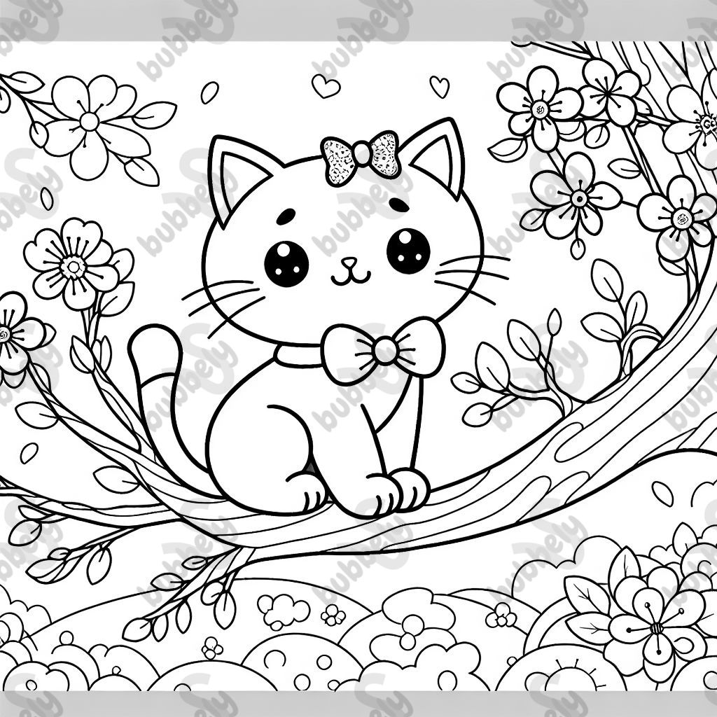a cat wearing a bow in a tree with flowers