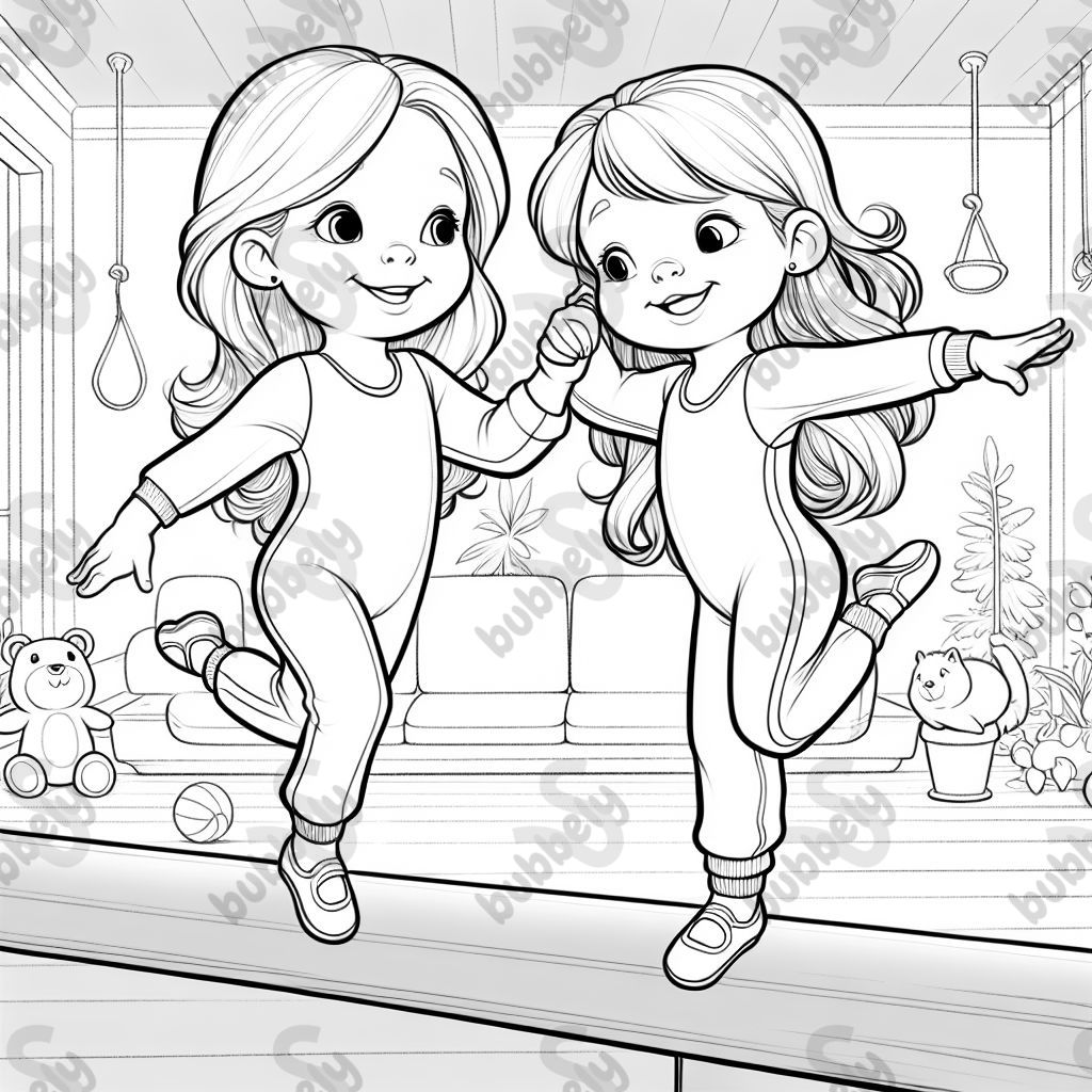 two friends who are four year old girls with long hair wearing leotards with sweatpants over balance on the balance beam together