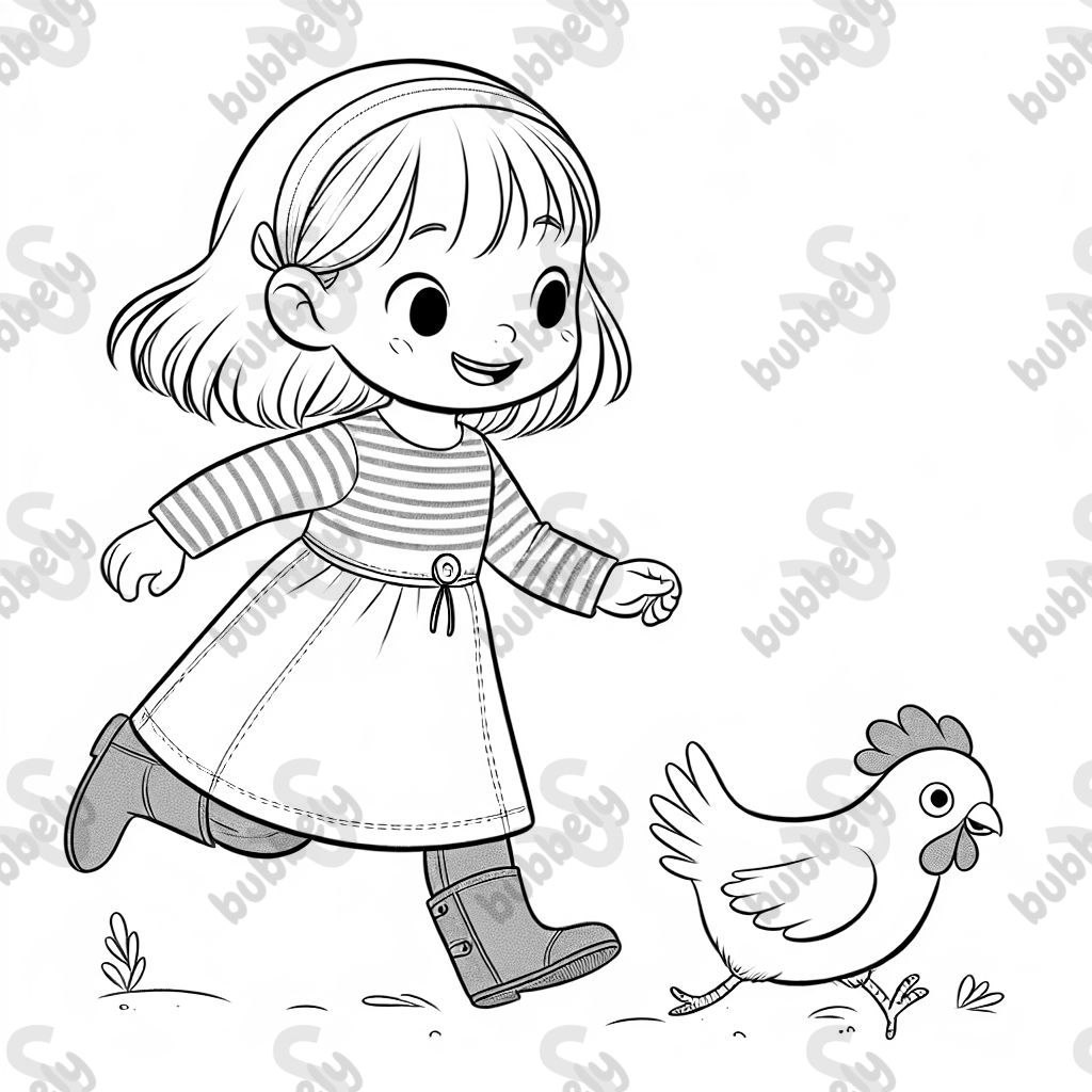 a girl wearing a breton shirt with a chambray dress over it chaing a chicken. she has medium length brown har and is smiling