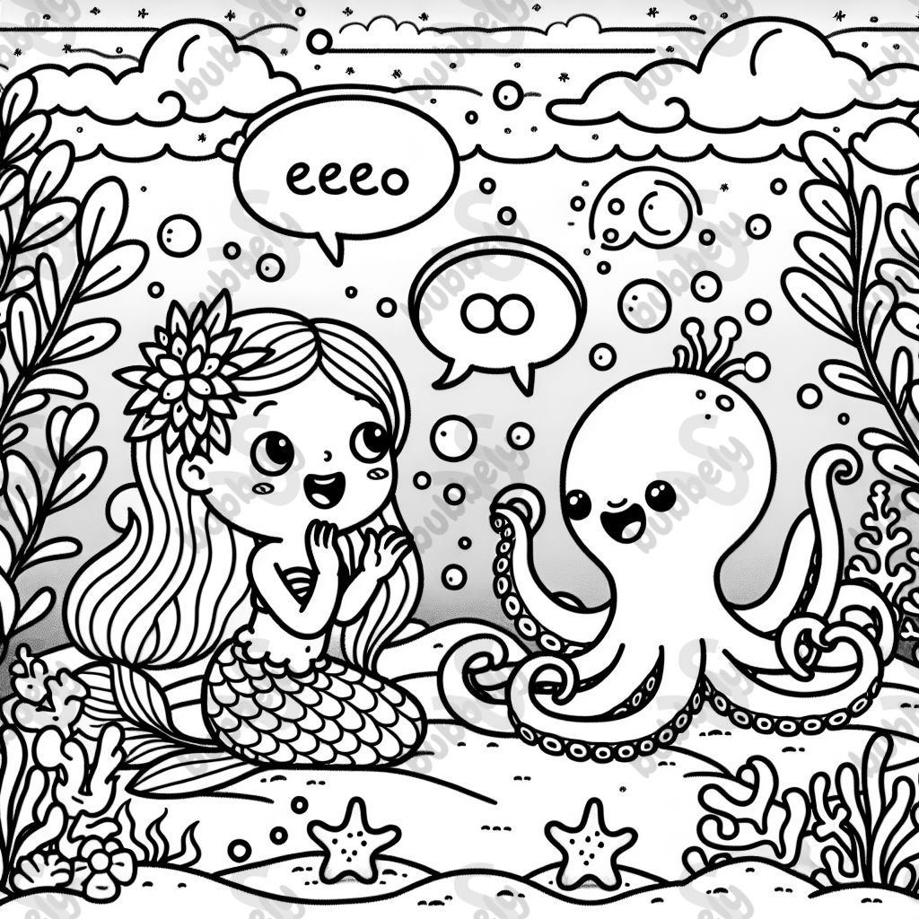 Mermaid and octopus with a talking flower at the bottom of the ocean