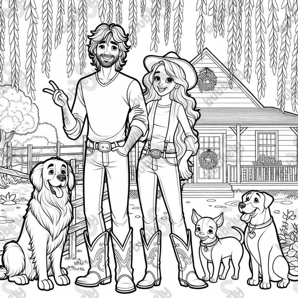A man with shaggy brown curly hair, with scruff for facial hair, wearing a plain t-shirt with jeans and cowboy boots under the jeans with a hat on. A woman with long red brown hair wearing a light pink sweater with bell bottom jeans and cowboy boots under the bell bottom jeans. With a big golden retriever dog and a big cane corso dog. Standing outside under a weeping willow tree in front of a house.