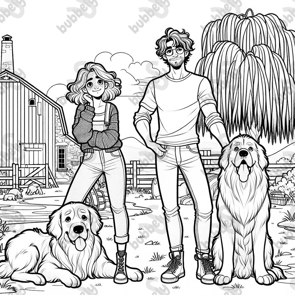 A man with brown curly hair, wearing a t-shirt and jeans, a woman with medium short red brown hair wearing a sweater and shorts with sneakers on, a big golden retriever dog and a big cane corso dog, standing outside under a weeping willow tree, in front of a barn.