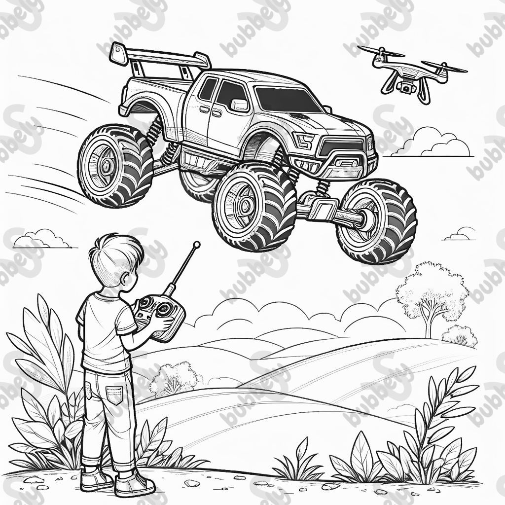 Ferngesteuerter Geländewagen mit Spoiler junge mit radfernbedienung steht dahinter auf den berg Ferngesteuerter Geländewagen mit Spoiler junge mit radfernbedienung steht dahinter auf den berg