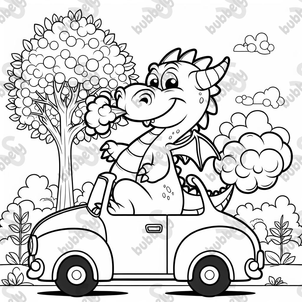 Drache der im Auto sitzt und pupst