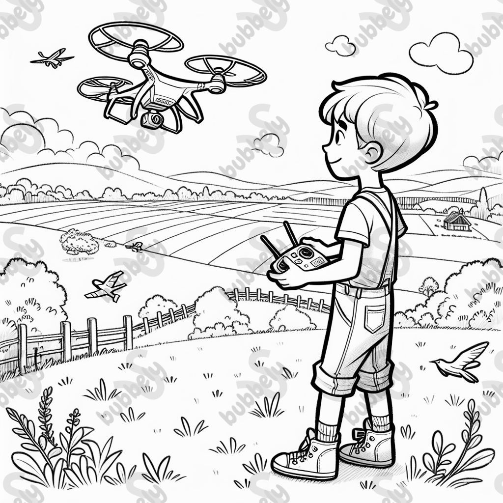 Junge steht auf einer Wiese und steuert eine Drohne