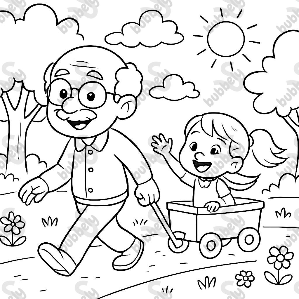 grand-père tirant une petite fille dans une charrette