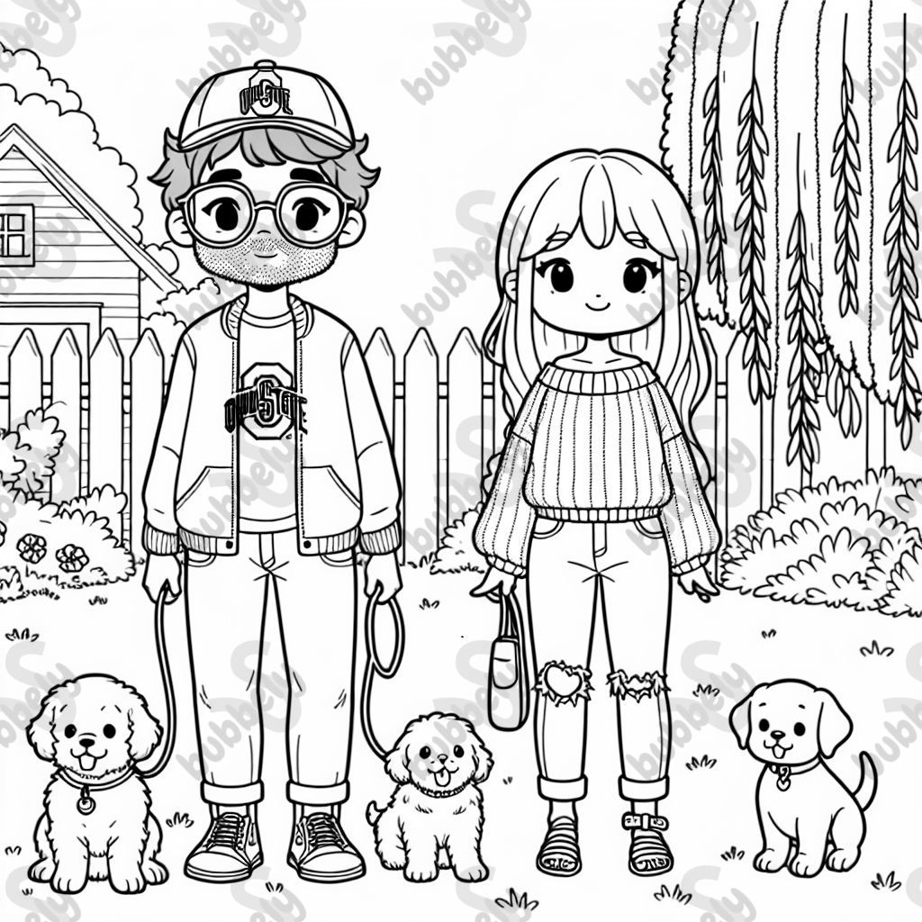 A man with fluffy brown hair, wearing square glasses and a ball cap, with an Ohio State t-shirt and jeans on. A woman with red-brown hair in a side braid, wearing a cute sweater with jeans and sandals on her feet. A big fluffy golden retriever and a puppy cane corso. Standing outside under a weeping willow tree in front of a small house.