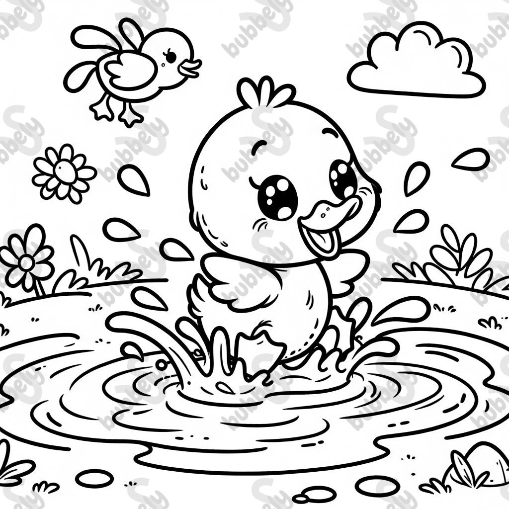 A cute duck playing in a puddle 