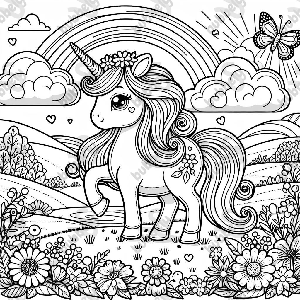 A majestic, yet cute, unicorn with a flowing mane and tail, standing in a beautiful meadow filled with flowers and butterflies. The unicorn has a peaceful expression and a small rainbow above its head. There’s a gentle stream flowing nearby, and the background includes rolling hills and fluffy clouds in the sky