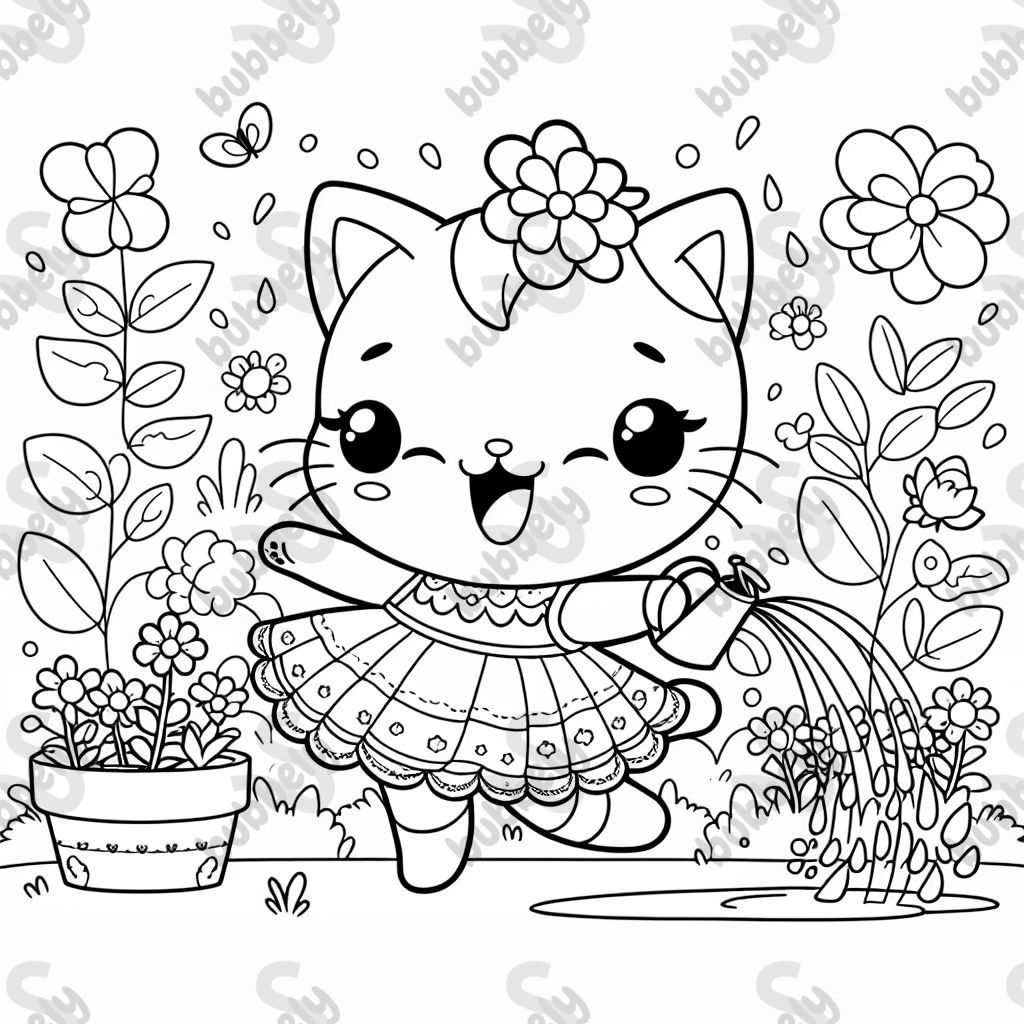 A cute cat in cute dress watering her garden 