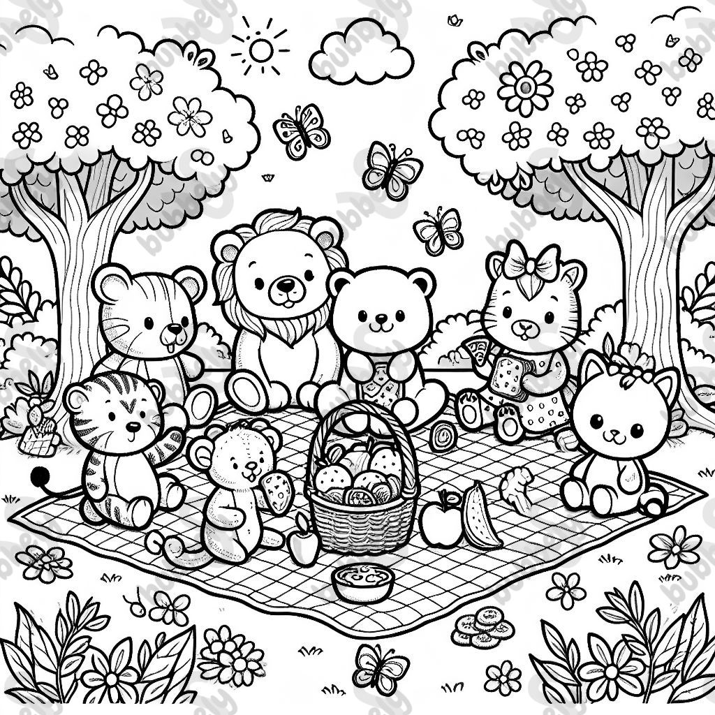 animals are sitting around a checkered blanket with a basket of fruits, sandwiches, and cookies. The scene includes trees with leaves, flowers, and butterflies fluttering around. Each animal has a cute expression, and the setting is cheerful and inviting
