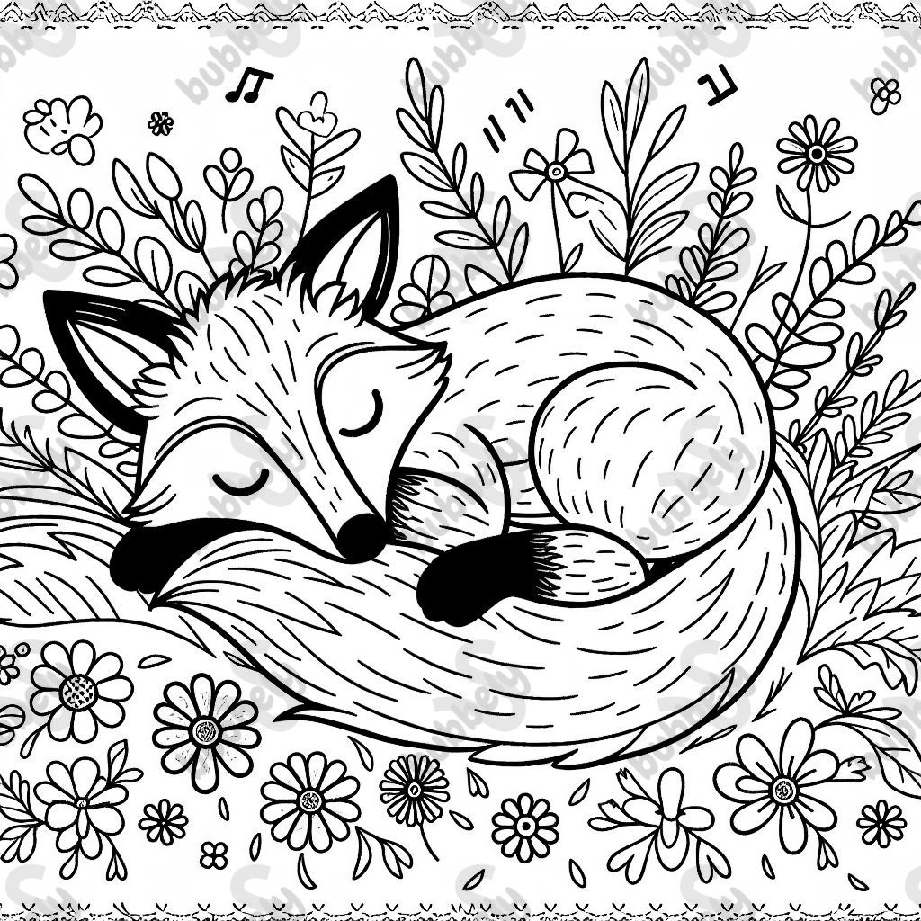 a curled up fox sleeping in a bed of wildflowers