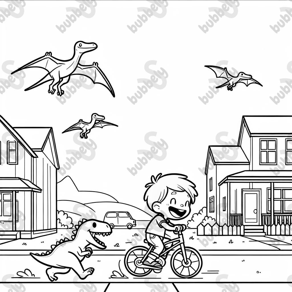 A little blonde boy riding his bike on a street with houses, being chased by pterodactyls.