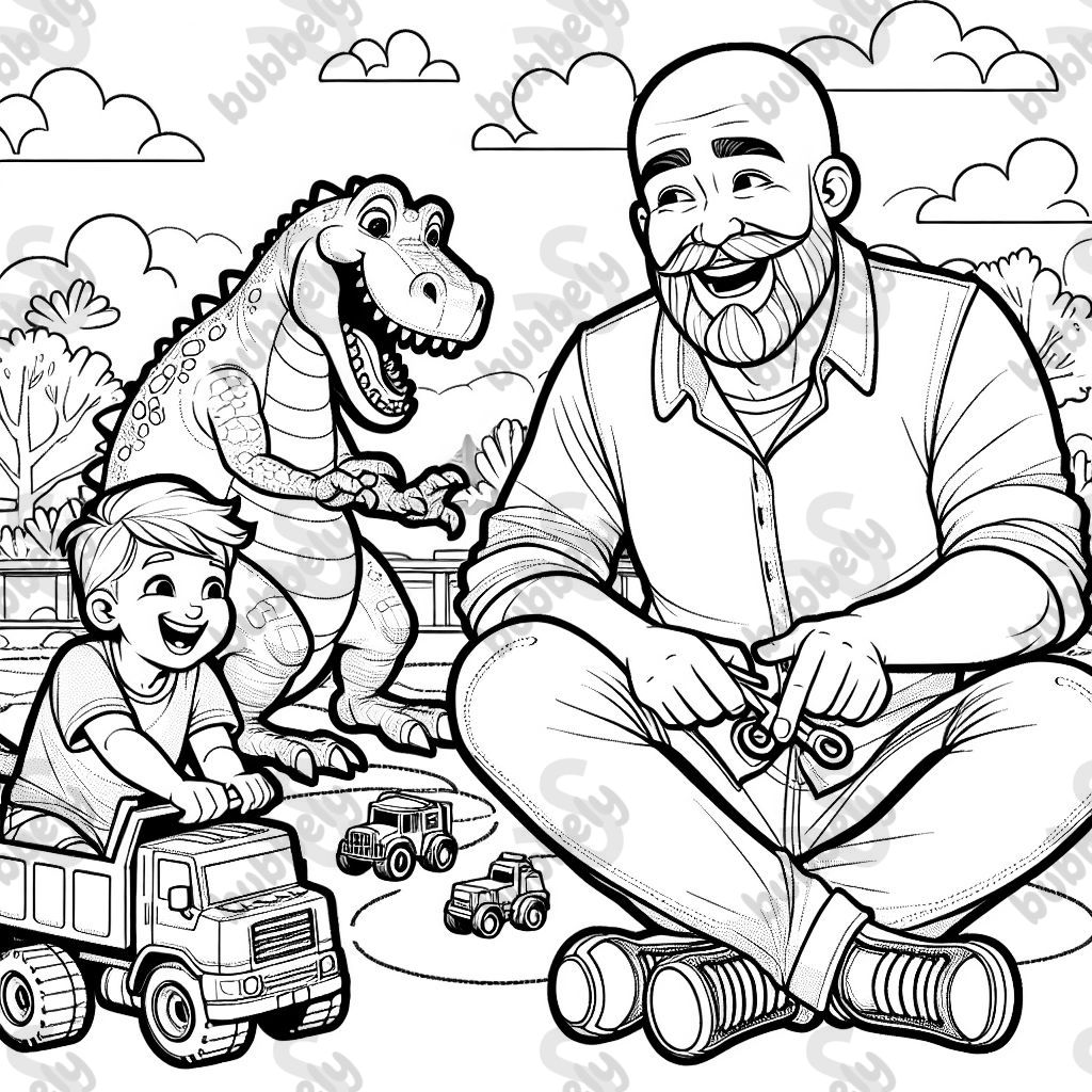 A man with a beard and no hair, a young blonde haired boy, and a happy dinosaur play with trucks. A man with a beard and no hair, a young blonde haired boy, and a happy dinosaur play with trucks.