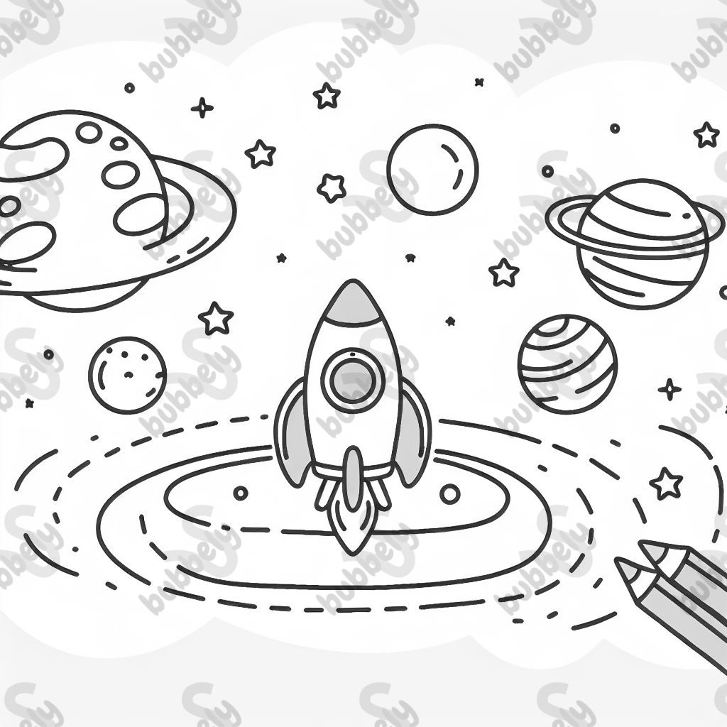Space with planets and a small rocket