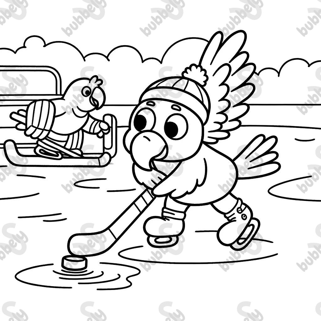 Un perroquet coloré jouant au hockey sur glace sur un lac gelé.