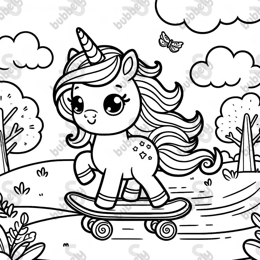 A unicorn riding a skateboard, perfect for kids to color.