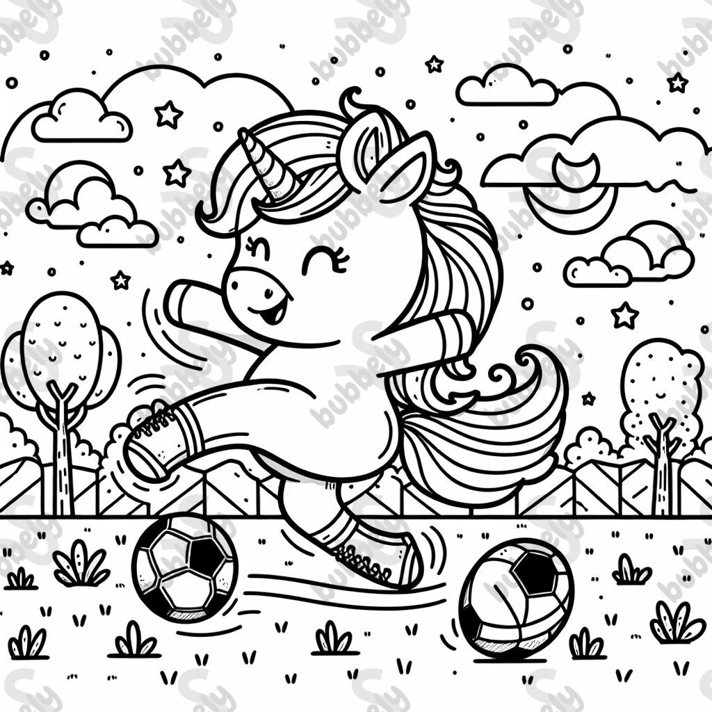 Un licorne jouant au football joyeusement dans un paysage coloré.