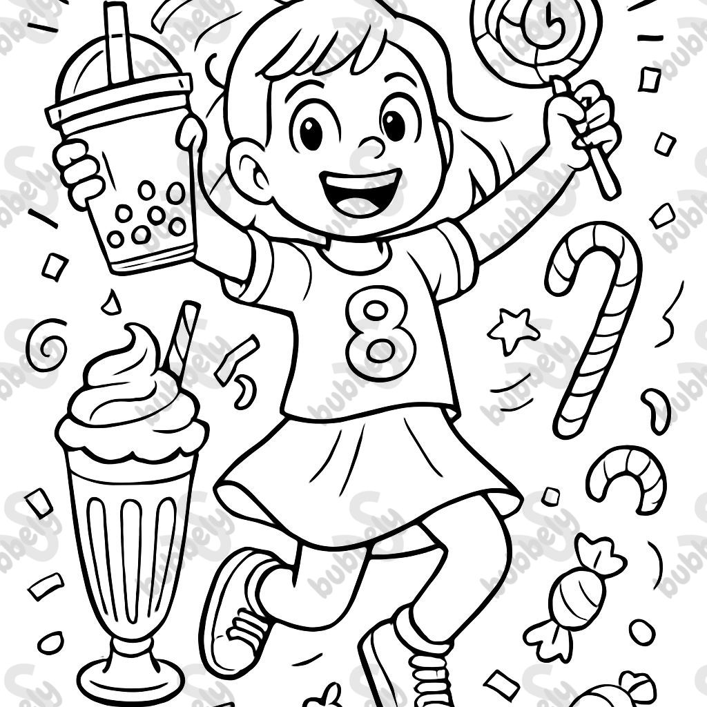 Page de coloriage de la fête d'anniversaire de Ruby avec des milkshakes, du thé boba et des bonbons Page de coloriage de la fête d'anniversaire de Ruby avec des milkshakes, du thé boba et des bonbons