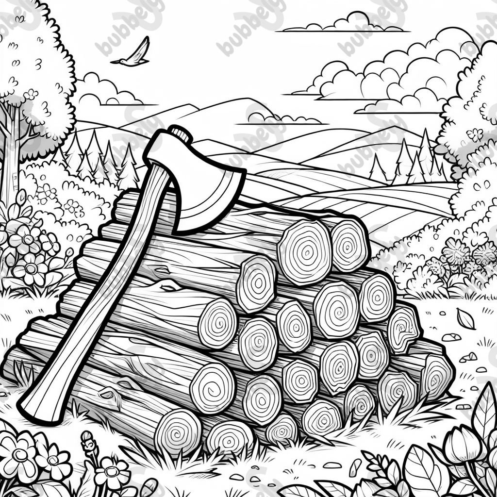 wood pile with an axe in a garden