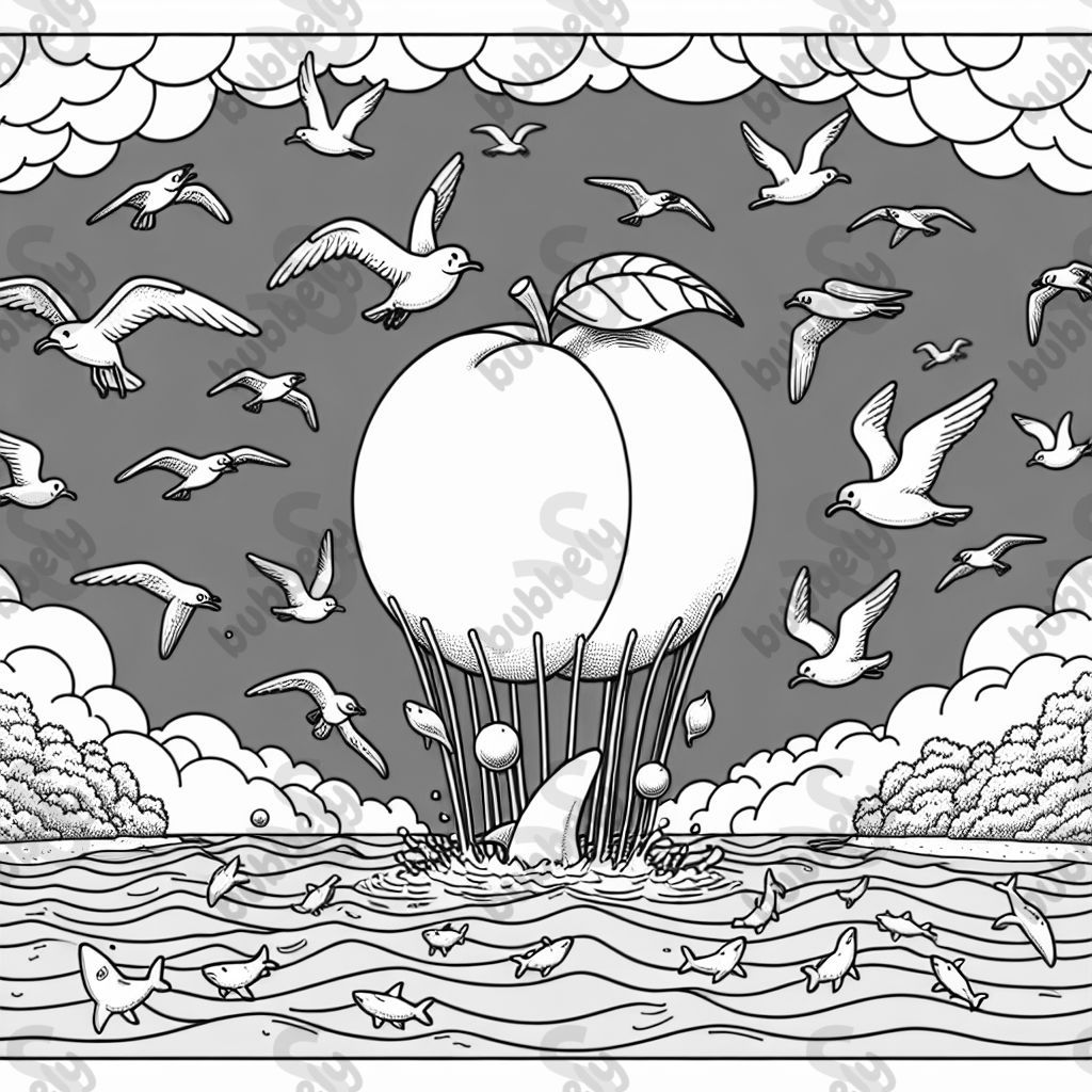 a giant peach being pulled from above in the air by many seagulls, underneath is the ocean full of sharks.