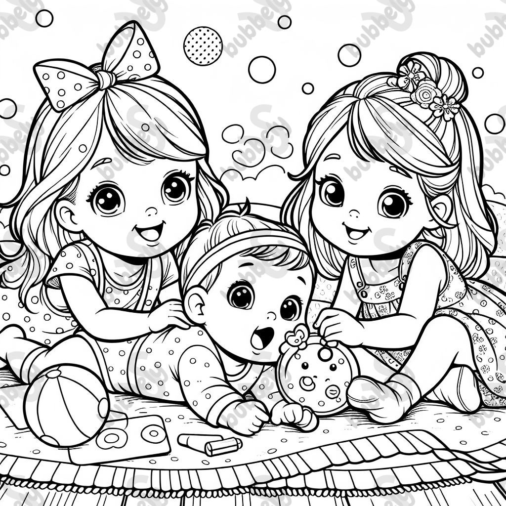 ein Mädchen (4 Jahre) + ein Mädchen (2 Jahre) + ein Baby liegen auf einer Decke