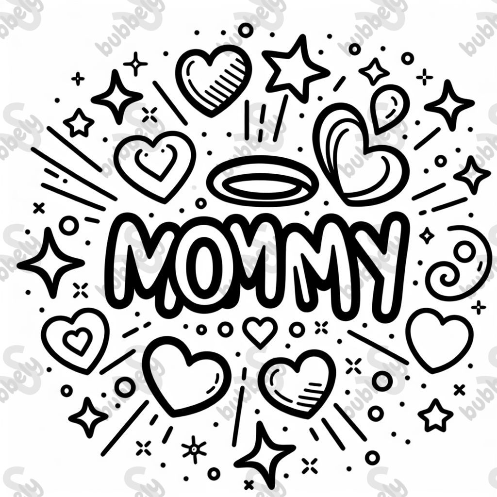 The word "Mommy" in the middle of hearts and stars