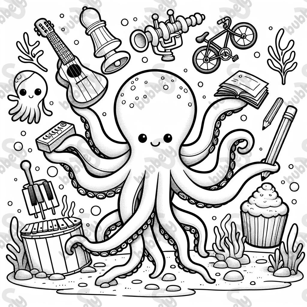 Eine Unterwasserwelt mit einem Oktopus, der in jedem Tentakel etwas anderes hält: Eine Schachfigur, ein Xylofon, einen Stift, einen Legostein, ein Buch, eine Star Wars Figur, ein Fahrrad und im letzten Tentakel einen Muffin.