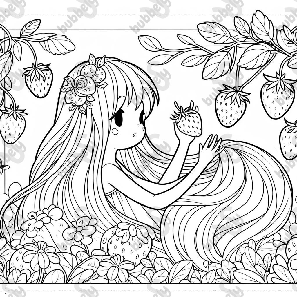 Spring girl with long hair strawberries