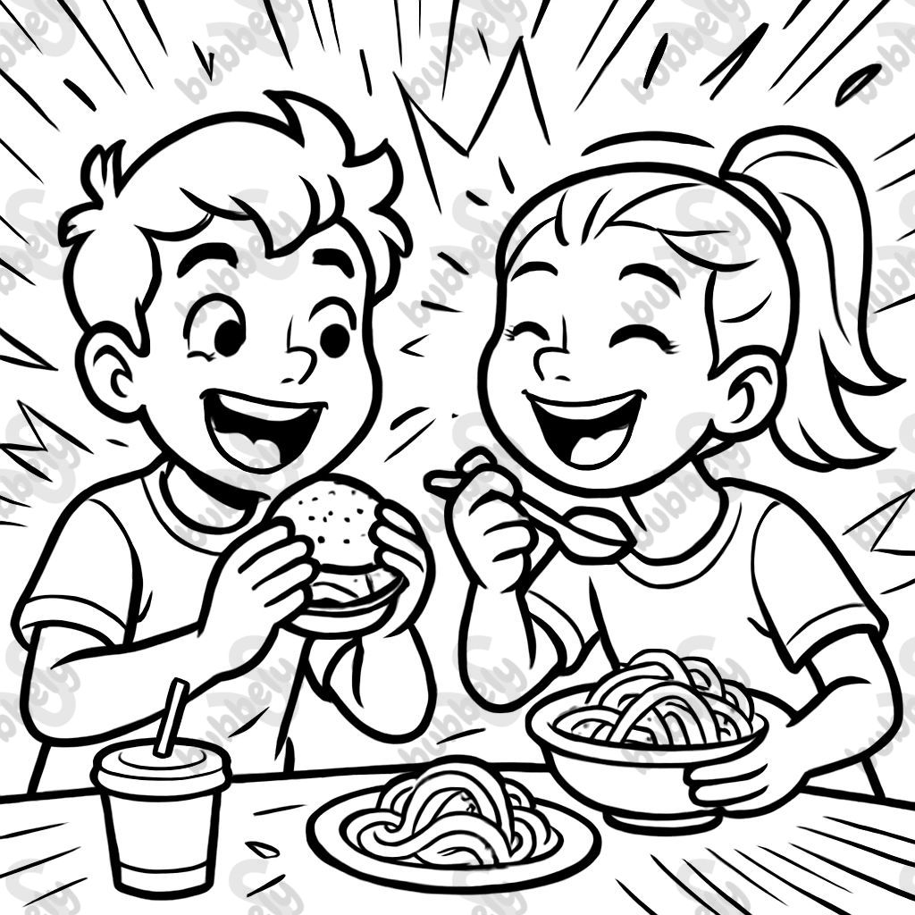 Children eating happily.