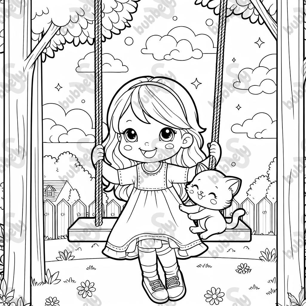 kitten and girl playing together on a swing