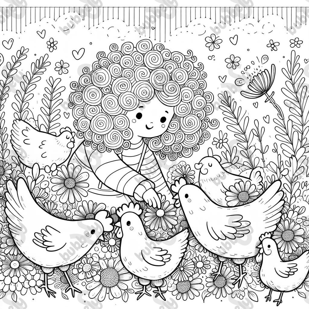 Curly haired girl playing with chickens in flowers.
