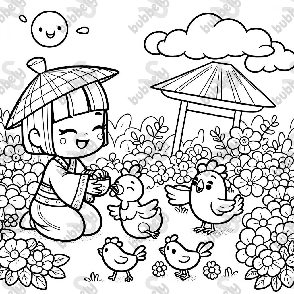 chickens in a flower garden with a girl