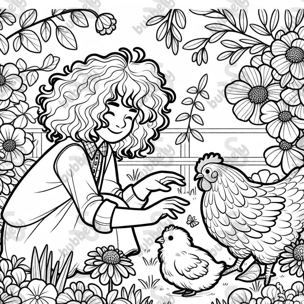 Curly haired girl playing with chickens in flowers.