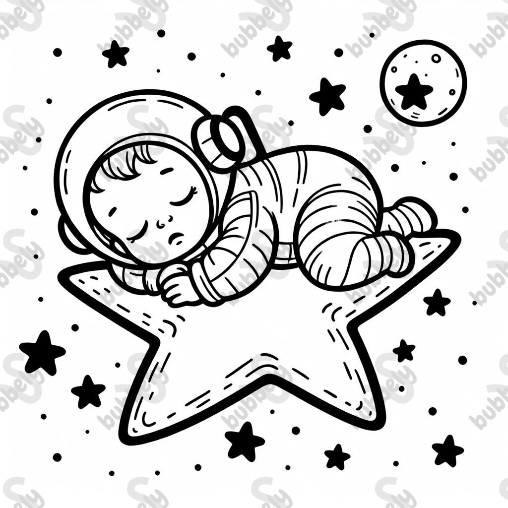 An astronaut baby sleeping on a star in outer space