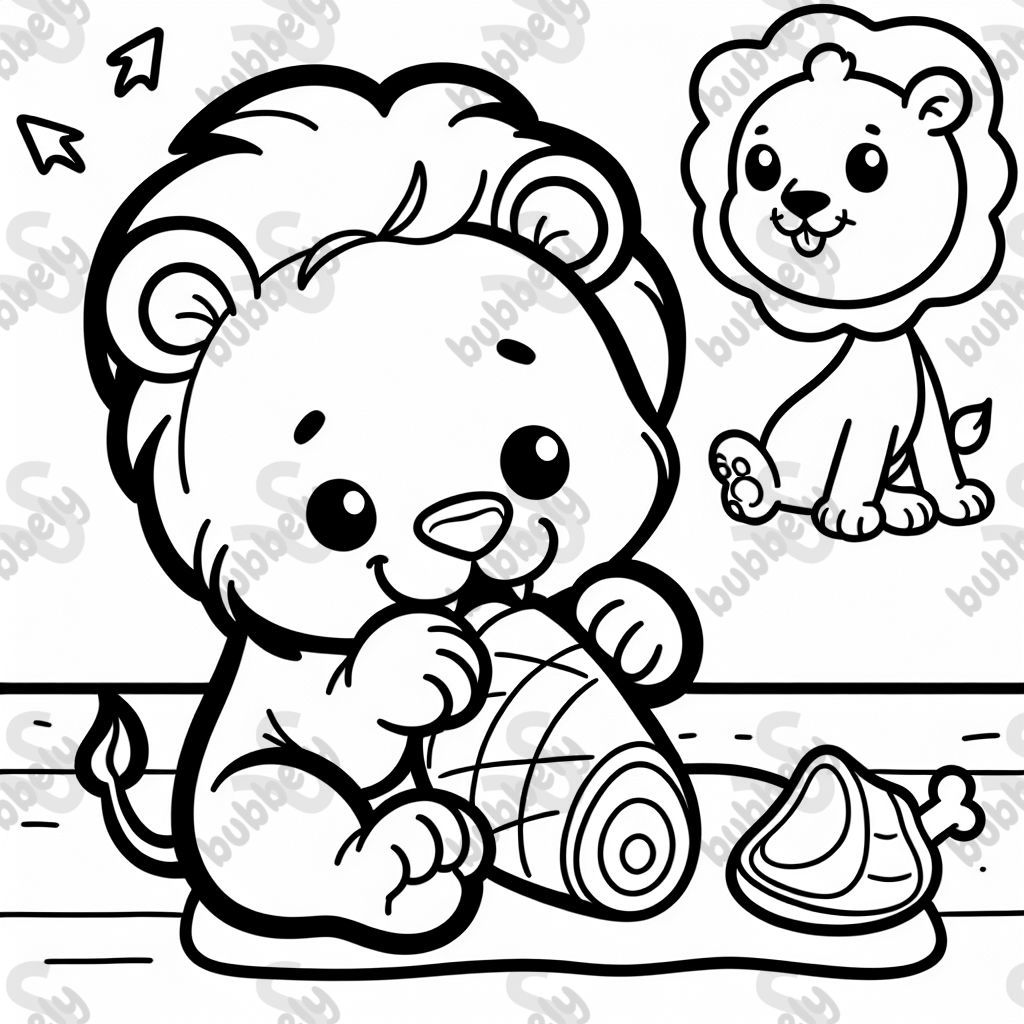 Baby lion eating ham