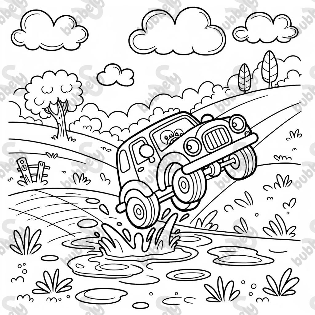 a car flying off a hill into a mud puddle.
