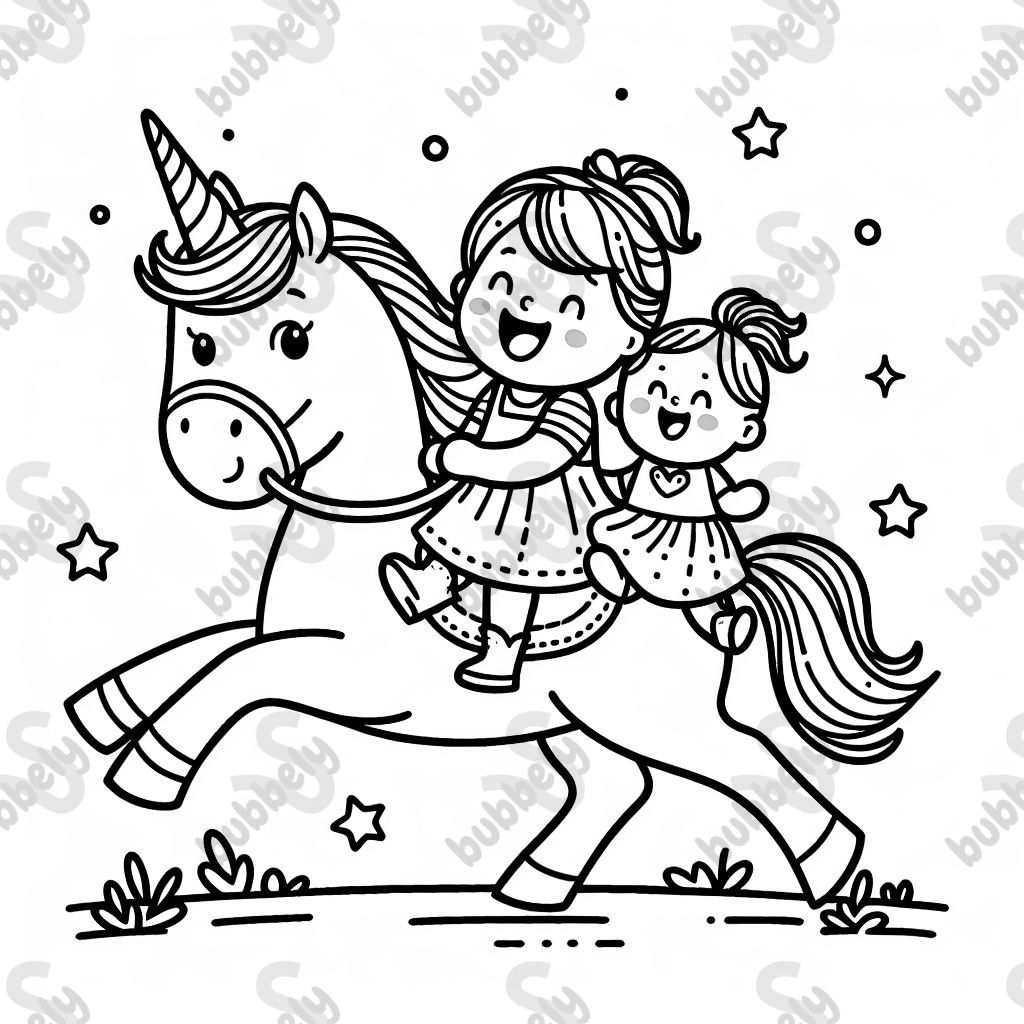 ein einhorn auf  dem eine mutter mit ihrem kind (maedchen) und einem baby reitet