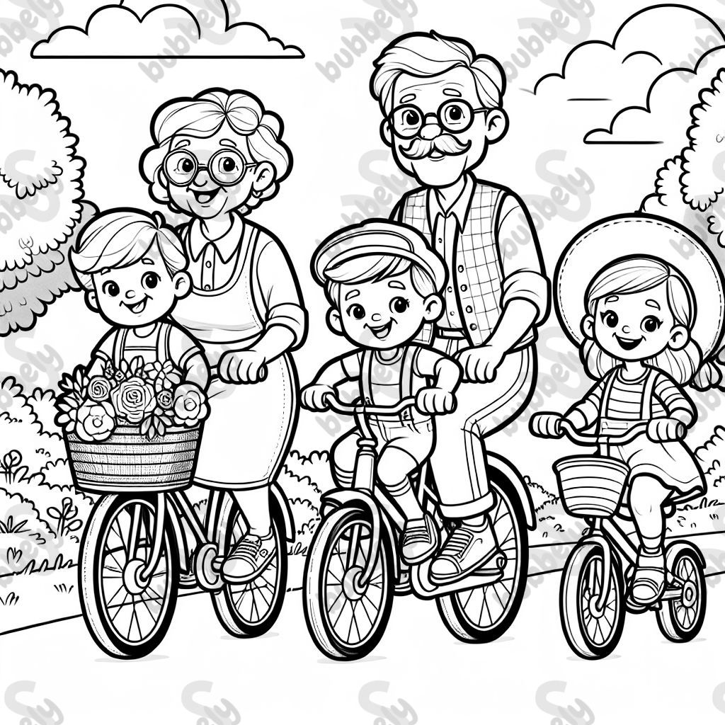 Papa, Mama, Carlotta, Justus, Opa und Oma auf dem Fahrrad fahrend
