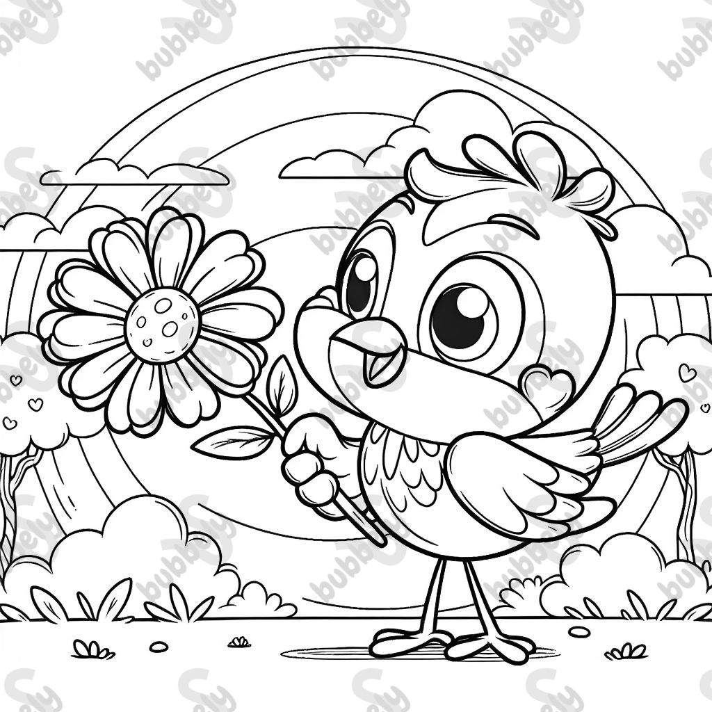 A birds holding a flower 