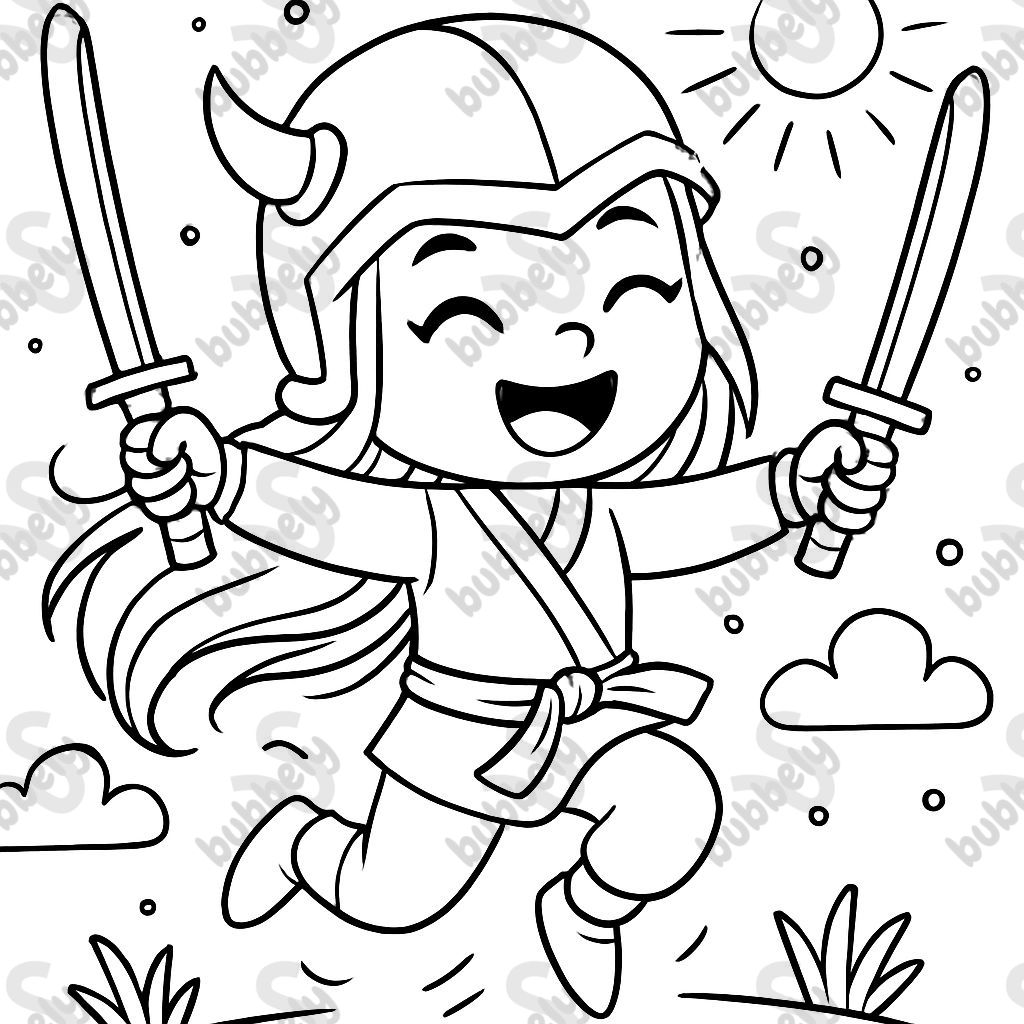 Ninja girl with long hair wearing a cool helmet, is happy and jumping in the air with swords.