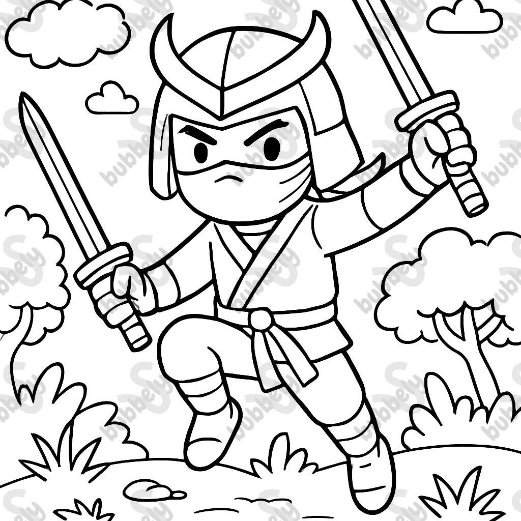 ninja boy with two swords making cool moves with a cool helmet