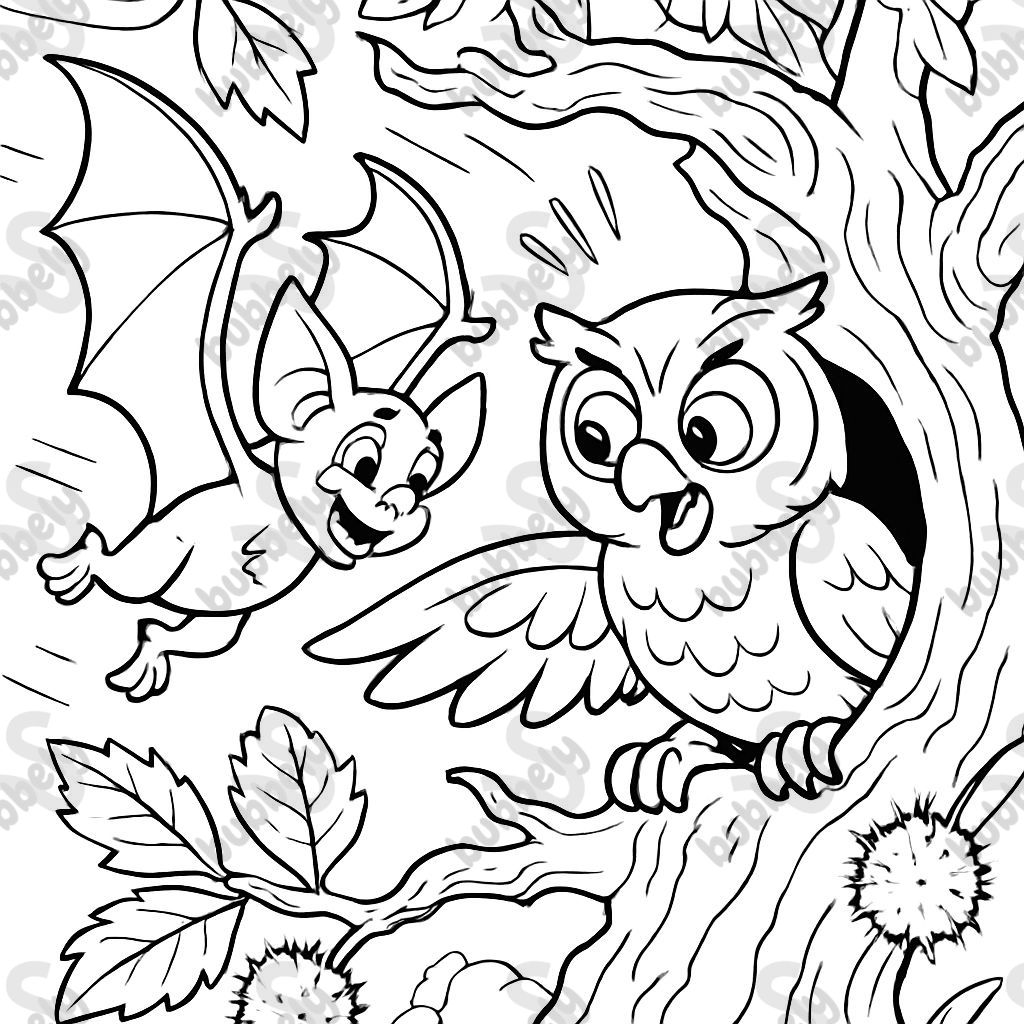 a little owl and a young bat on an old chestnut tree