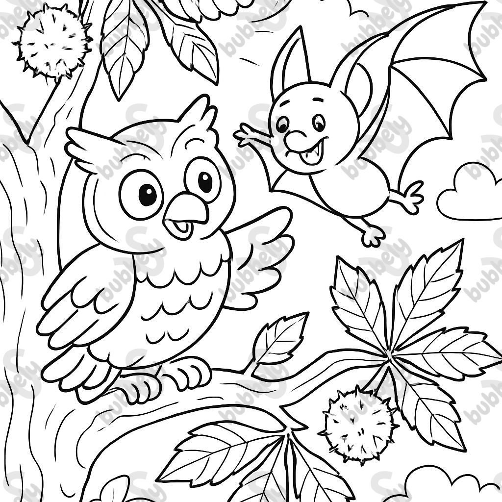Owl and bat on old chestnut tree