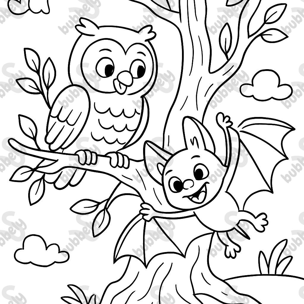 a small owl and a young bat on an old tree