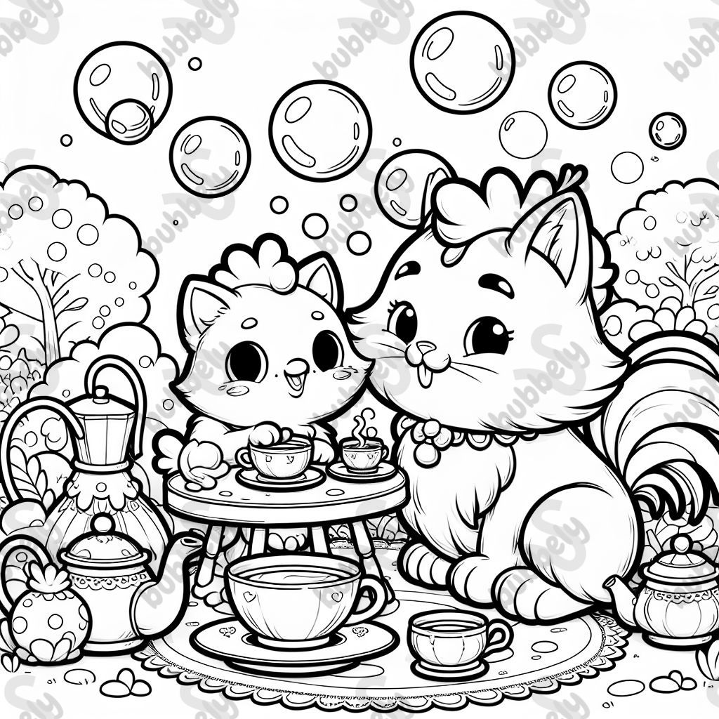 A kitty and a rooster having tea surrounded by bubbles