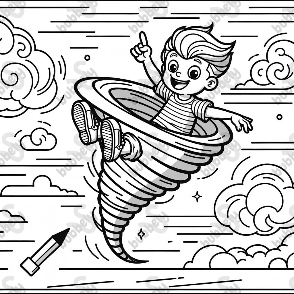 A boy riding a tornado